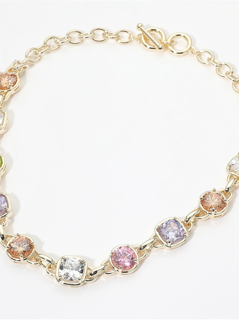 14K Gold Plated Multicolor Crystal Link Necklace - Women Jewelry